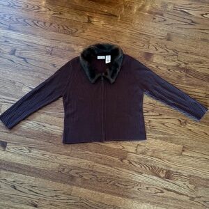 VTG Faux Fur Collar Cardigan Zip-up Brown Sz XL Women’s Kathie Lee Collection